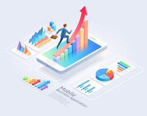 Wall Mural - mobile business applications website ui design. businessman running on red arrow and infographic iso