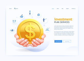 Wall Mural - business digital page website ui design. hand holding gold coins vector illustrations.