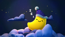 Cute Sleeping Moon With Zzz At Night. Concept Of Sweet Lullaby Theme. 3d Rendering Picture.