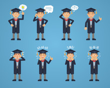 Set Of Graduate Characters Posing In Different Situations. Cheerful Graduate Talking On Phone, Thinking, Pointing Up, Laughing, Crying, Surprised, Showing Thumb Up Gesture. Flat Vector Illustration