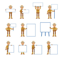 Wall Mural - Big set of firefighter characters posing with different blank banners. Cheerful fireman holding paper, poster, placard, pointing to whiteboard. Teach, advertise, promote. Simple vector illustration