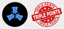 Rounded Triple Roads Intersection Icon And Triple Points Seal. Red Rounded Scratched Seal Stamp With Triple Points Text. Blue Triple Roads Intersection Icon On Black Circle.