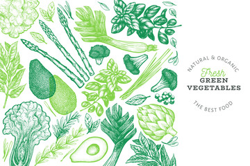 Poster - Green vegetables design template. Hand drawn vector food illustration. Engraved style vegetable frame. Retro botanical banner.