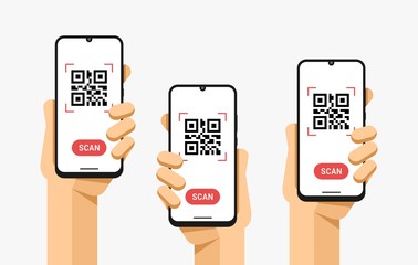 Smartphone mockup in human hand. Scan QR code. Vector flat colorful technology illustration