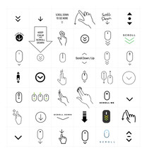 Modern Linear Pictogram Of Scroll Down. Set Of Concept Line Icons Scroll Down. Icons Of Scroll Down. Scroll Down Up Computer Mouse Icon. Set Of Scrolling Icons For A Website, Web Design, Mobile Apps