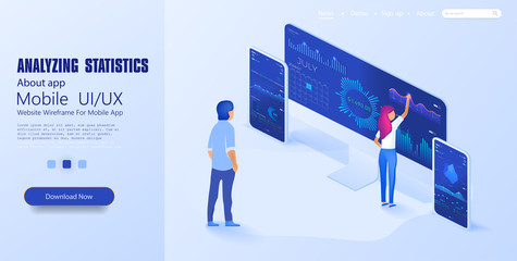 Wall Mural - Online statistics and data Analytics. Digital money market. Expert team for Data Analysis, Business Statistics, Management, Consulting, Marketing. Landing page template concept. Vector illustration