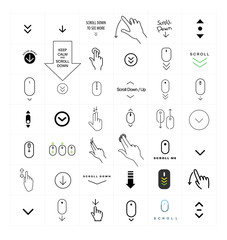 Modern linear pictogram of scroll down. Set of concept line icons scroll down. Icons of scroll down. Scroll down up computer mouse icon. Set of scrolling icons for a website, web design, mobile apps