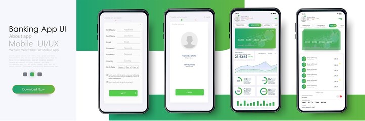 banking app ui, ux kit for responsive mobile app or website with different gui layout including logi