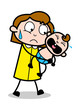 © TheToonCompany - Baby Sitter Handling a Crying Baby - Retro Office Girl Employee Cartoon Vector Illustration