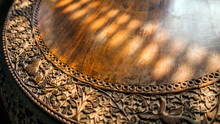 Classic Round Wood Table And Sunlight. Antique Desk Indoor.