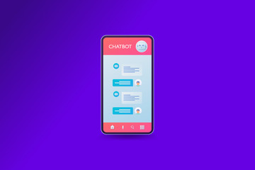 Wall Mural - chatbot and human conversation on smartphone screen, online robot assistant concept, vector web bann