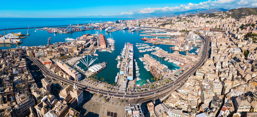 Genoa port aerial panoramic view