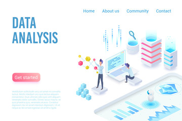 Aufkleber - Data analysis and visualization isometric landing page vector template. Big data, statistics, web analytics and website traffic webpage design layout. Programming, IT industry 3d concept illustration