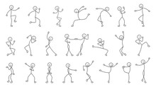 Dancing People, Freehand Drawing, Sketch, Stick Figure Man Pictogram, Isolated Silhouettes On White Background