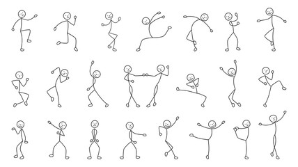 dancing people, freehand drawing, sketch, stick figure man pictogram, isolated silhouettes on white 