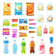 Product for vending. Tasty snacks sandwich biscuit candy chocolate drinks juice beverages pack retail, set flat vector icons