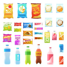 Product For Vending. Tasty Snacks Sandwich Biscuit Candy Chocolate Drinks Juice Beverages Pack Retail, Set Flat Vector Icons