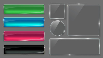 Wall Mural - glass plates set. realistic transparent and multicolored glass buttons. vector glass banners on gray