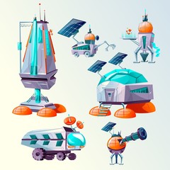 Wall Mural - Space planet colonization vector cartoon set. Futuristic technology, sci-fi construction, space exploration. Cosmic ship or shuttle, mars rover, different bases and colony buildings or alien attack