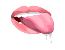 Sexy Lips. Open Mouth With Tongue.Attractive Female Mouth With Saliva. Print For T-shirt Or Tattoo Or Mask . Isolated On White Background