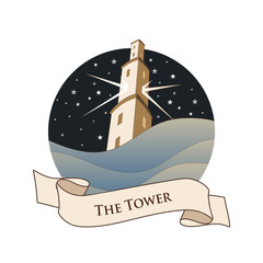 Wall Mural - Major Arcana Emblem Tarot Card. The Tower. Large tower over raging sea, over a starry night sky, isolated on white background