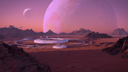 Wall Mural - human base on the surface of an alien planet, colony on exoplanet