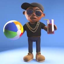 Cool Black Hiphop Rap Artist Drinking A Cold Drink And Holding A Beach Ball, 3d Illustration