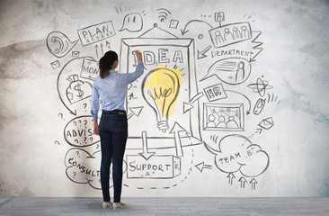 Young business woman drawing business concept sketch on the blackboard. 