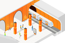 Isometric People Standing On Platform And Waiting For Train In City Metro Subway Vector Illustration.