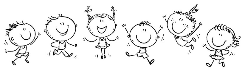 Leinwandbilder - Six happy doodle kids in a row, outline