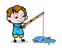 A Kid Fishing - School Boy Cartoon Character Vector Illustration