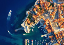 Dudrovnik, Croatia. Aerial View On The Old Town. Vacation And Adventure. Town And Sea. Top View From Drone At On The Old Castle And Azure Sea. Travel - Image