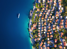 Dudrovnik, Croatia. Aerial View At The Town. Vacation And Adventure. Town And Sea. Top View From Drone At On The Houses And Azure Sea. Travel - Image