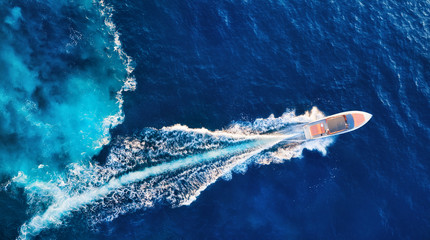 croatia. yachts at the sea surface. aerial view of luxury floating boat on blue adriatic sea at sunn