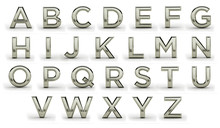 3d Melal Font, All Letters. Silver, Iron, Plainum, Aluminium.  Latin, English Alphabet. Render, Metal Texture, On White Background.