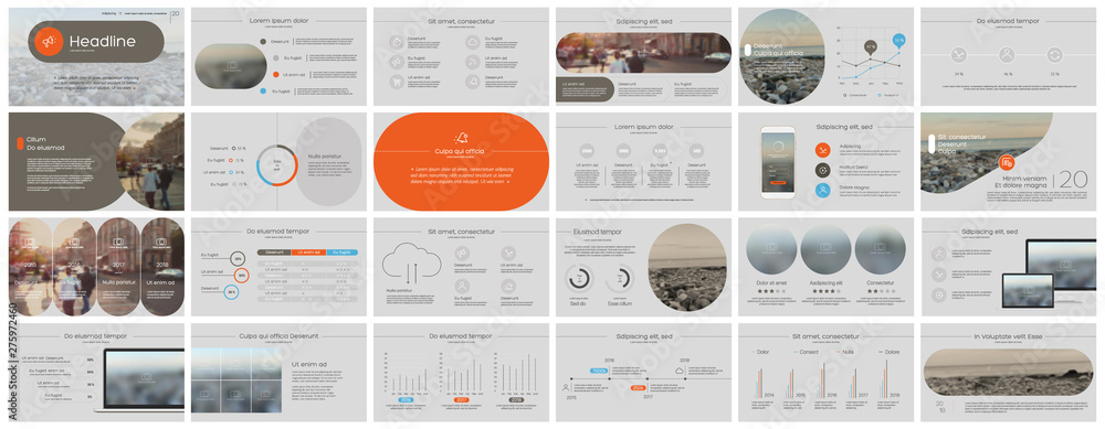 Presentation template, orange minimalist infographic elements on white ...