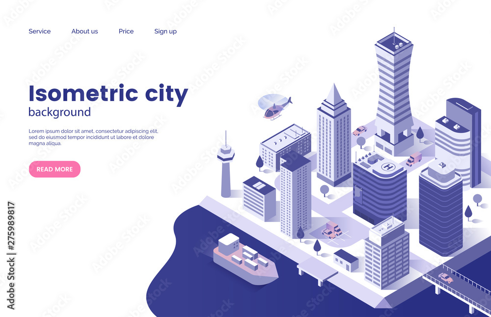 Isometric city background. Modern city with skyscrapers. Megacity infrastructure. Business center. Web page concept. Vector illustration - obrazy, fototapety, plakaty 