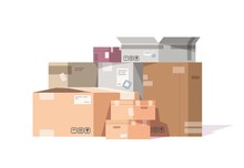 Cardboard Boxes Stack. Carton Parcels And Delivery Packages Pile, Flat Warehouse Goods And Cargo Transportation. Vector Isolated Sealed Boxes On White Background