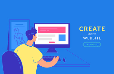 Wall Mural - create your own website flat vector illustration of young man sitting with pc and creating website
