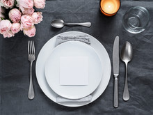 Menu, Wedding Invitation Mock Up. Beautiful Table Setting On Gray Linen Tablecloth. Festive Table Setting For Wedding Dinner With Pink Spray Roses And Cabdle. Holiday Dinner, White Plates. Copy Space