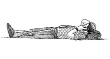 Sketch Of A Casual Townsman Lying On The Lawn Grass And Talking On A Mobile Phone