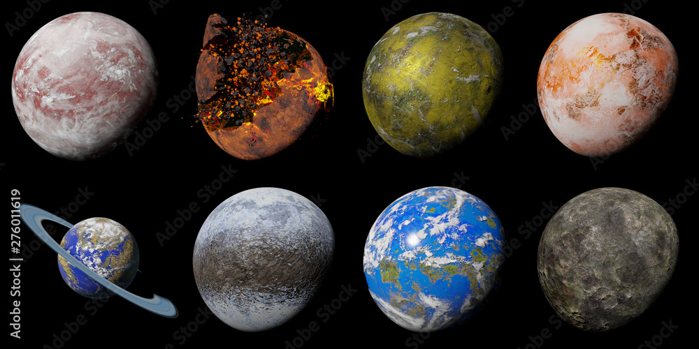 set of alien planet isolated on black background, nearby exoplanets (3d science illustration) - obrazy, fototapety, plakaty 