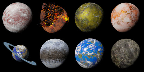 set of alien planet isolated on black background, nearby exoplanets (3d science illustration)