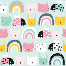 Childish Seamless Pattern With Animals And Rainbow. Kids Pastel Textile Print. Vector Hand Drawn Illustration.