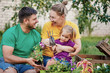 © oes - Happy family gardening together and taking care of nature. Plant sprouts and fertilize the ground
