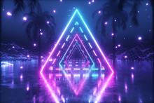 80's Abstract Retro Futuristic Background. Beautiful 3d Illustration With Ultraviolet Neon Triangle Modern Lights. Retro Wave Stylization. Flying In Space With Particles And Palm Trees