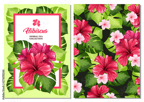 Tea Flyer or Leaflet Card with Hawaiian Hibiscus Red Fragrance Flower. Bright...