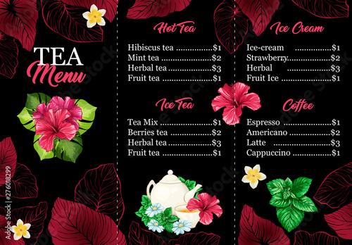 Tea Menu or Leaflet Card with Hawaiian Hibiscus Red Fragrance Flower. Bright ...