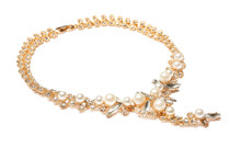 Stylish Necklace With Gemstones Isolated On White. Luxury Jewelry