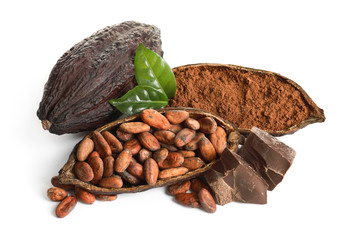 Composition with cocoa products on white background